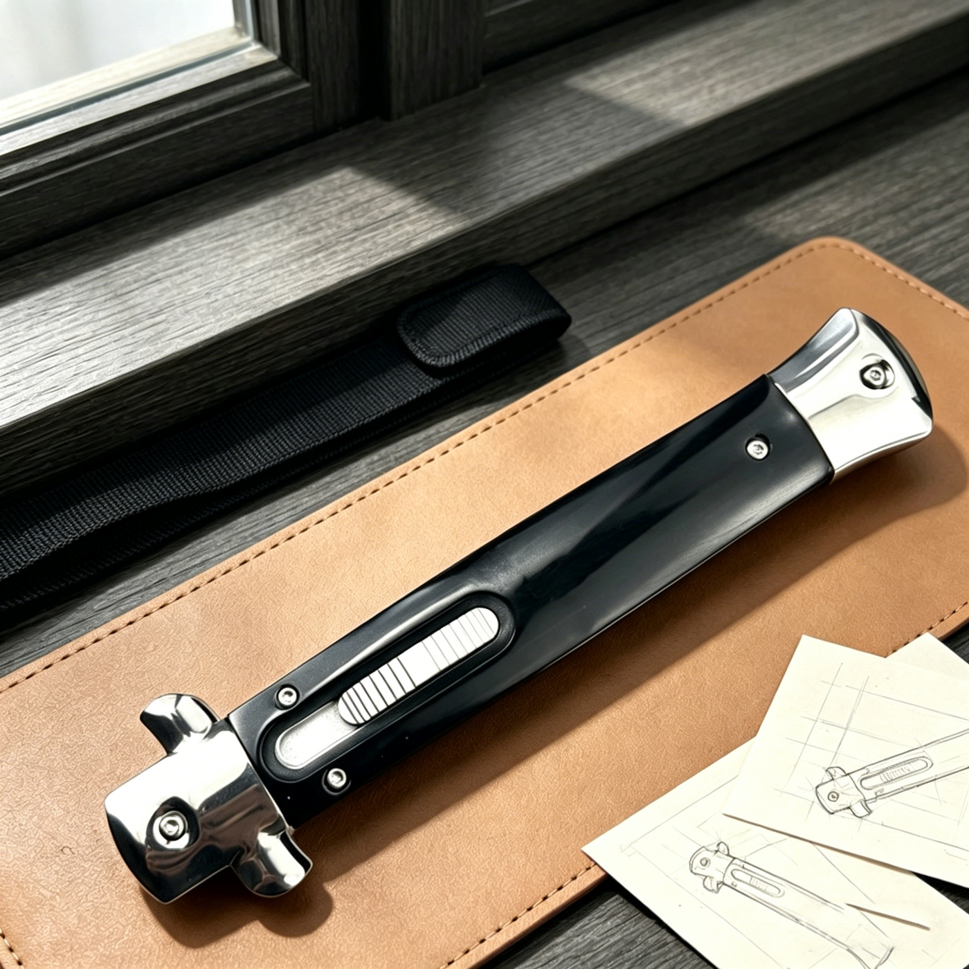 A closed stiletto knife with a black handle and silver hardware, resting on a brown leather notebook next to a black sheath straps and pencil sketches.
