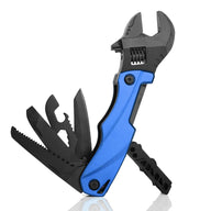 A blue-handled folding adjustable wrench multi-tool with multiple black tools deployed, including a saw, file, bottle opener, and blade, displayed on a white background.