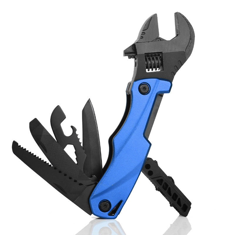 A blue-handled folding adjustable wrench multi-tool with multiple black tools deployed, including a saw, file, bottle opener, and blade, displayed on a white background.