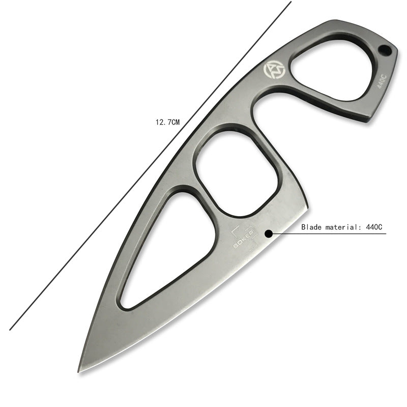 A product size specification image for a Böker Plus skeletonized neck knife, showing a total length of 12.7cm and labeling the blade material as 440C steel on a white background.