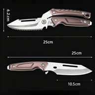 A product size specification image showing two views of a bronze-handled folding knife on a black background. The top knife features a serrated blade with a total length of 25cm and a height of 6.2cm. The bottom knife shows a plain edge blade with a 10.5cm blade length.