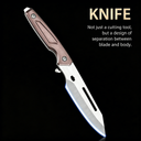 An open folding knife with a bronze skeletonized handle and a brushed silver blade featuring a groove, displayed on a black background. Text on the right reads "KNIFE" and describes a modular design where the blade separates from the body.