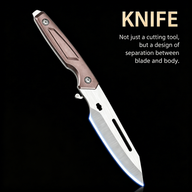 An open folding knife with a bronze skeletonized handle and a brushed silver blade featuring a groove, displayed on a black background. Text on the right reads "KNIFE" and describes a modular design where the blade separates from the body.