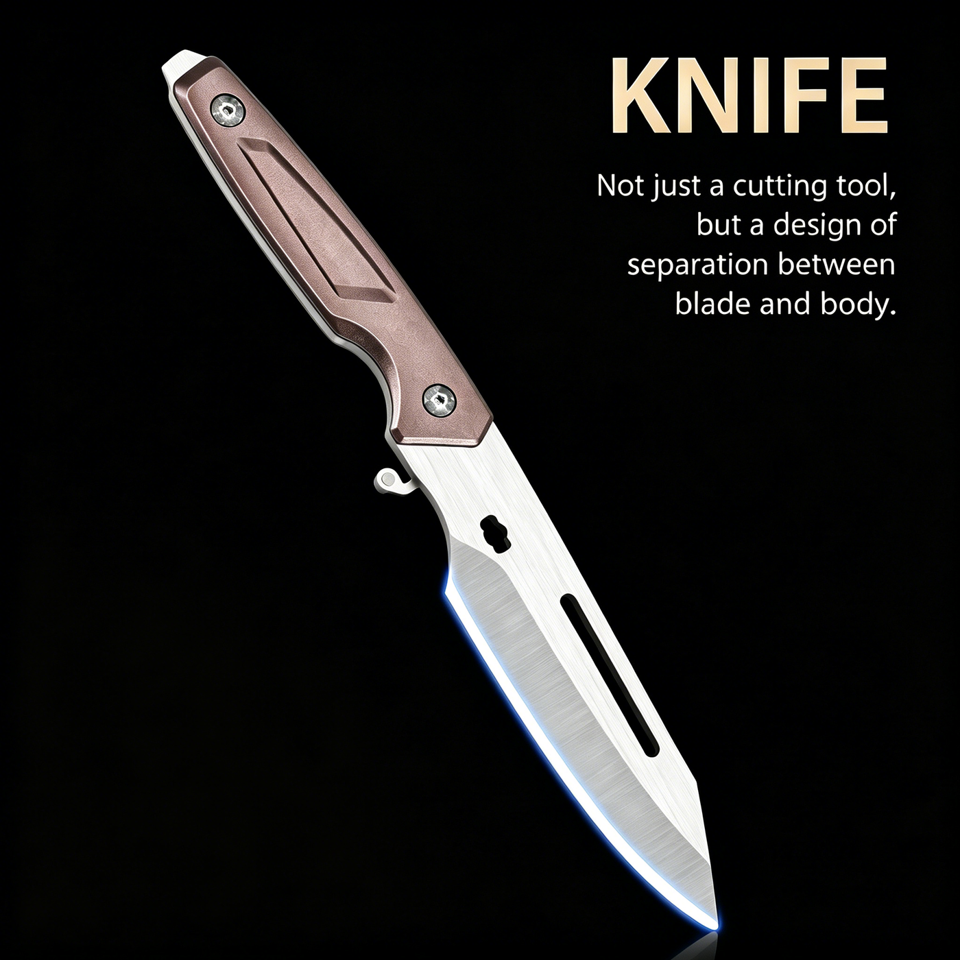 An open folding knife with a bronze skeletonized handle and a brushed silver blade featuring a groove, displayed on a black background. Text on the right reads "KNIFE" and describes a modular design where the blade separates from the body.