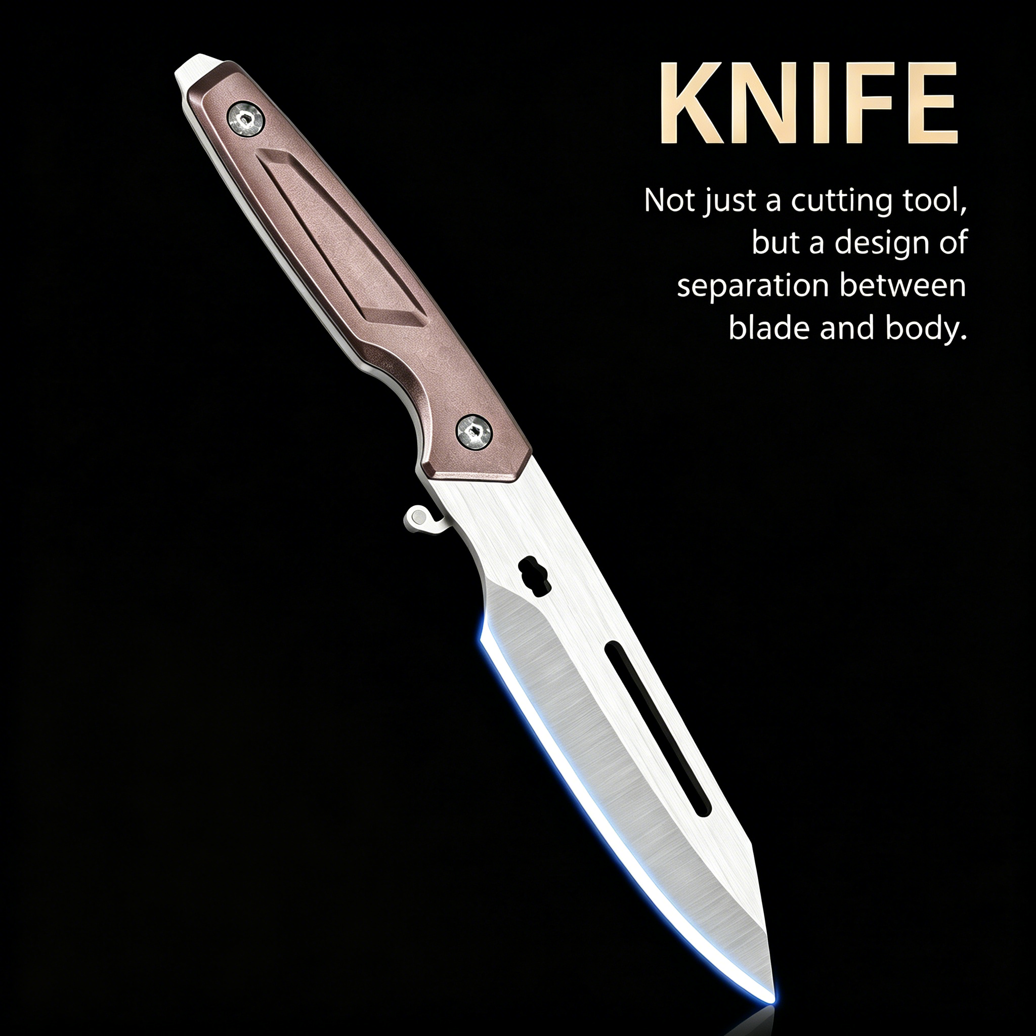 An open folding knife with a bronze skeletonized handle and a brushed silver blade featuring a groove, displayed on a black background. Text on the right reads "KNIFE" and describes a modular design where the blade separates from the body.