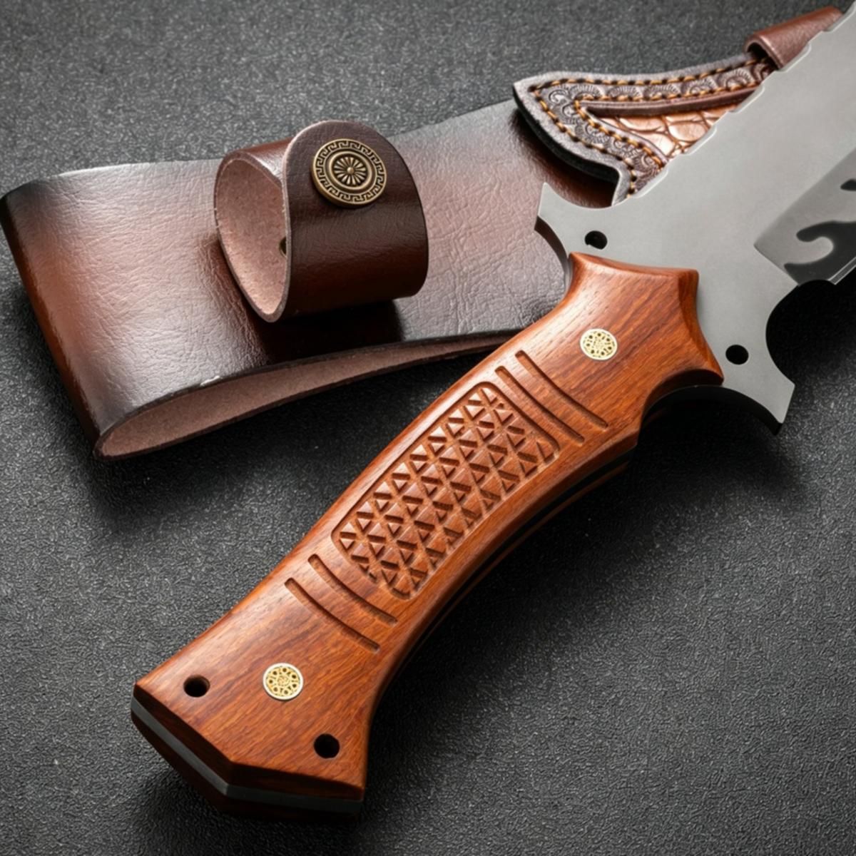A close-up of the carved wooden handle of a custom knife, showing intricate diamond patterns and brass pins, with the leather sheath and blade in the background.