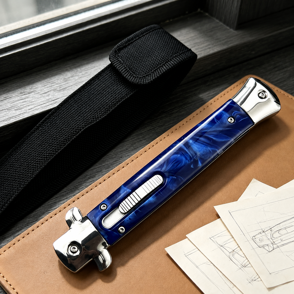 A closed stiletto knife with a blue resin handle and silver hardware, resting on a leather notebook next to a black nylon sheath and technical sketches.