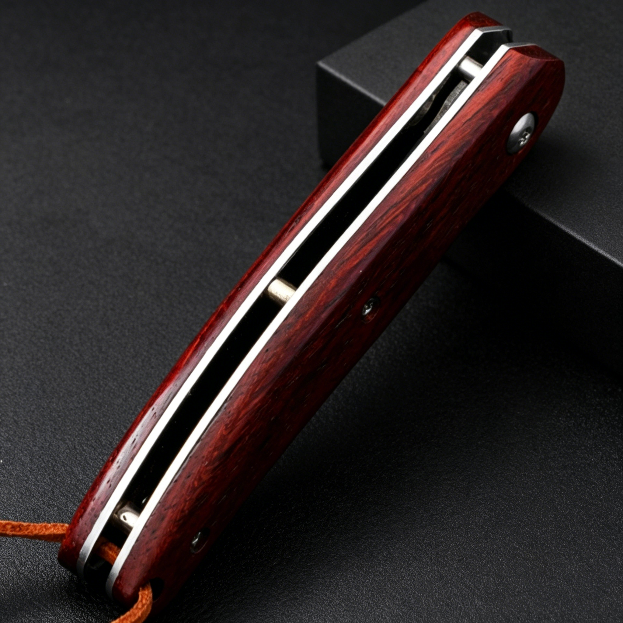 A closed folding knife with a polished red wooden handle and silver liners, featuring a brown lanyard at the end, resting against a black box on a dark textured background.