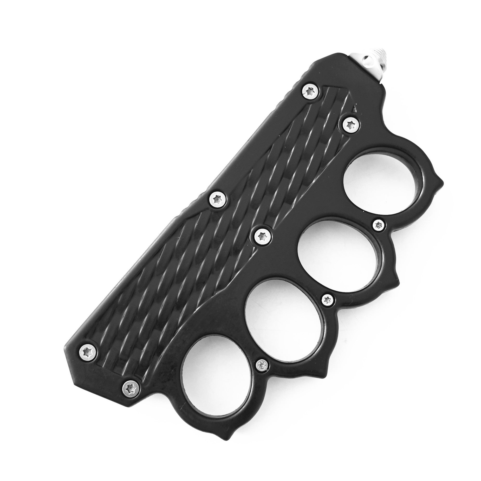 A closed black knuckle duster OTF knife showing the diagonal grooved texture on the handle, silver screws, and a glass breaker tip, displayed on a white background.