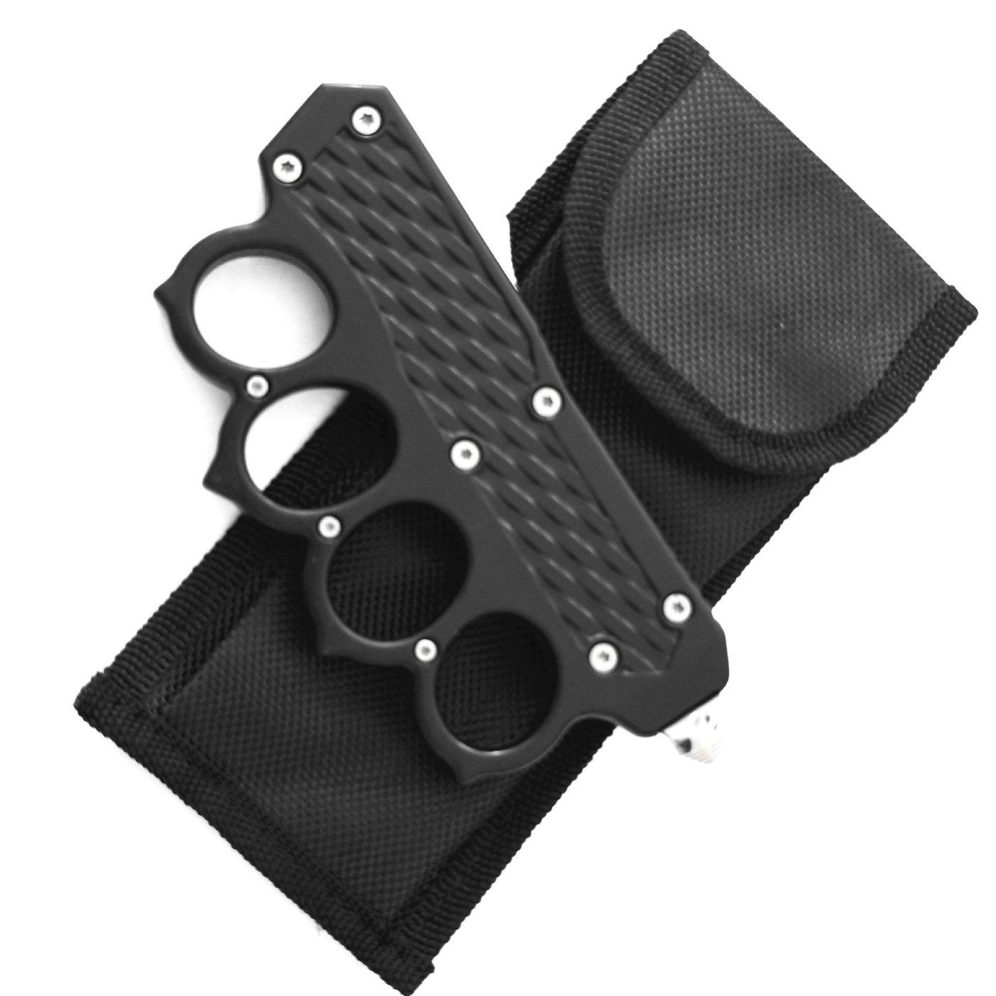 A closed black knuckle duster OTF knife with textured grooves, displayed next to its black nylon carrying sheath on a white background.