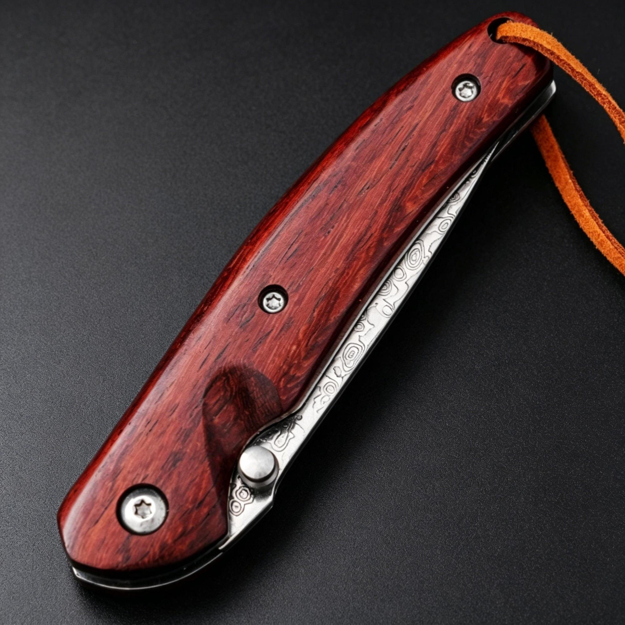 A closed folding knife featuring a red wooden handle, silver screws, a visible damascus steel blade with patterns, and a brown leather lanyard, resting on a dark textured surface.