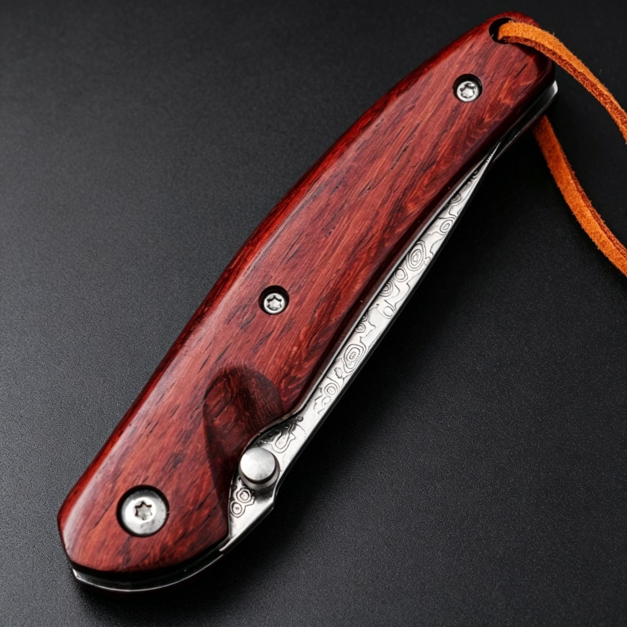 A closed folding knife featuring a red wooden handle, silver screws, a visible damascus steel blade with patterns, and a brown leather lanyard, resting on a dark textured surface.
