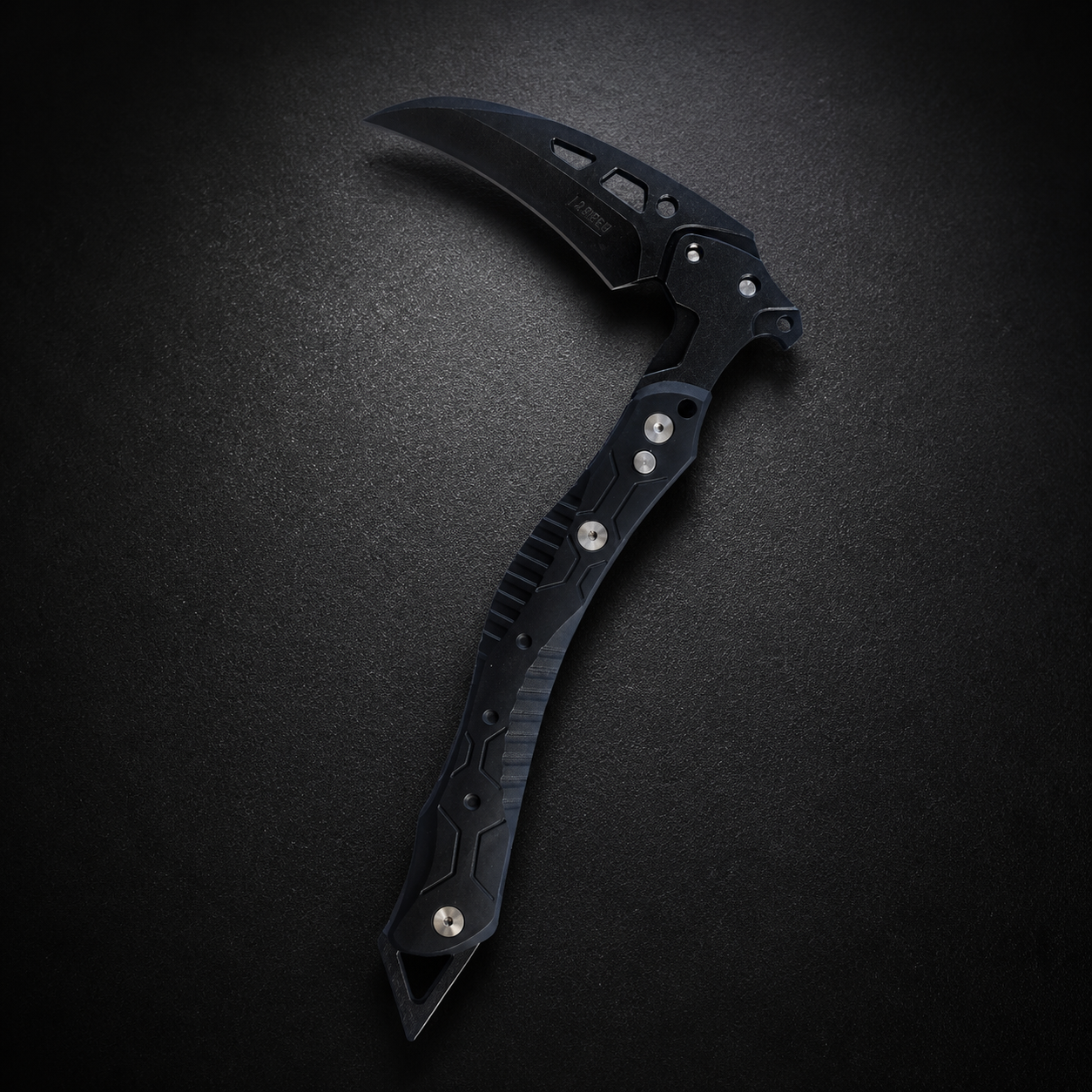 Front-facing studio close-up of a pure black tactical multi-purpose breaching tool, highlighting its sharp hooked blade, anti-slip handle texture, and rear glass breaker spike.