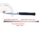 Product specifications for a Cold Steel Ti-Lite folding knife showing a 30-degree blade angle, a blade length of 9.5cm / 3.74in, a handle length of 12cm / 4.72in, a total length of 22.2cm / 8.74in, and a weight of 206g, measured against a ruler and protractor.