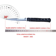 Product specifications for a Cold Steel Ti-Lite folding knife showing a 30-degree blade angle, a blade length of 9.5cm / 3.74in, a handle length of 12cm / 4.72in, a total length of 22.2cm / 8.74in, and a weight of 206g, measured against a ruler and protractor.