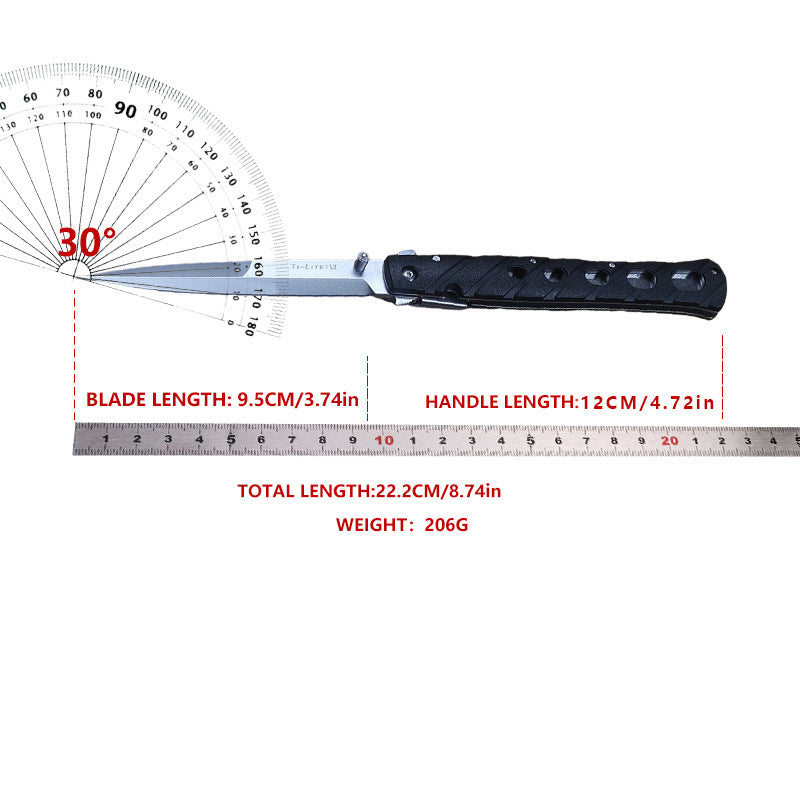 Product specifications for a Cold Steel Ti-Lite folding knife showing a 30-degree blade angle, a blade length of 9.5cm / 3.74in, a handle length of 12cm / 4.72in, a total length of 22.2cm / 8.74in, and a weight of 206g, measured against a ruler and protractor.