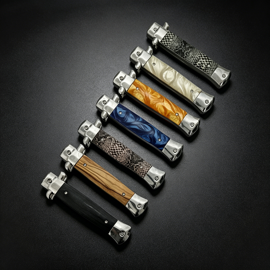  A collection of closed stiletto-style folding knives with various handle patterns including wood, black, blue resin, orange resin, white pearl, and snakeskin textures.