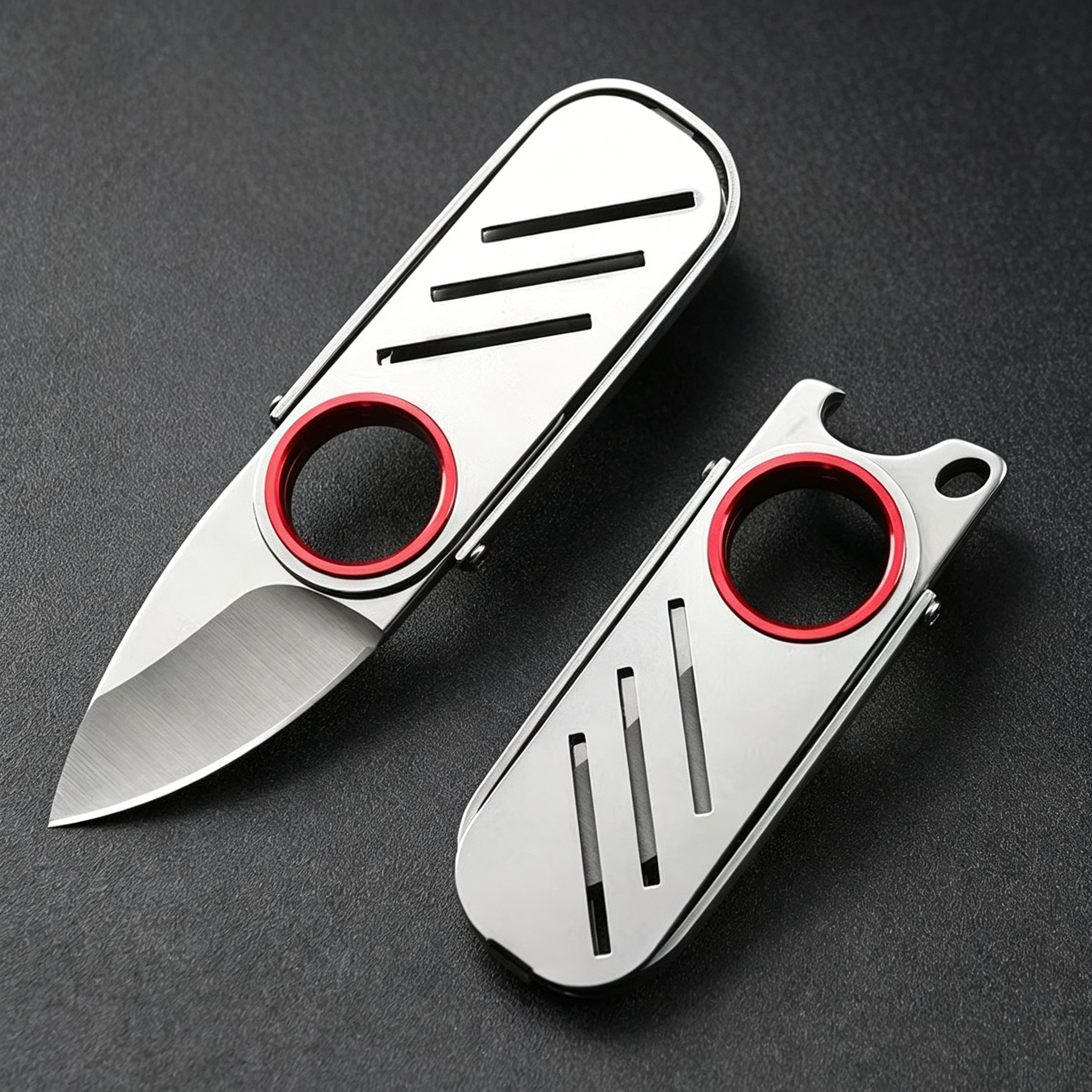 An open and a closed EDC keychain folding knife with a silver stainless steel body and red ring, displayed on a dark textured surface.