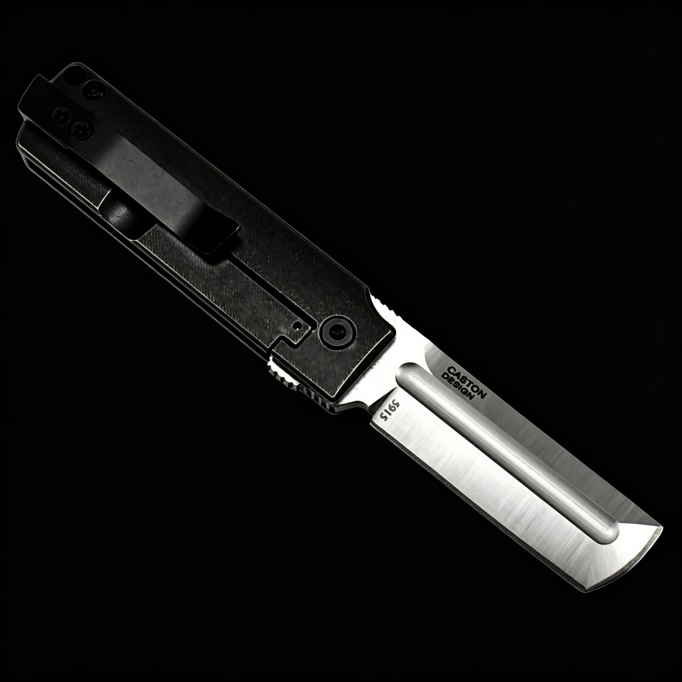 A CRKT folding knife with a black handle and a silver tanto blade, displayed on a solid dark background.