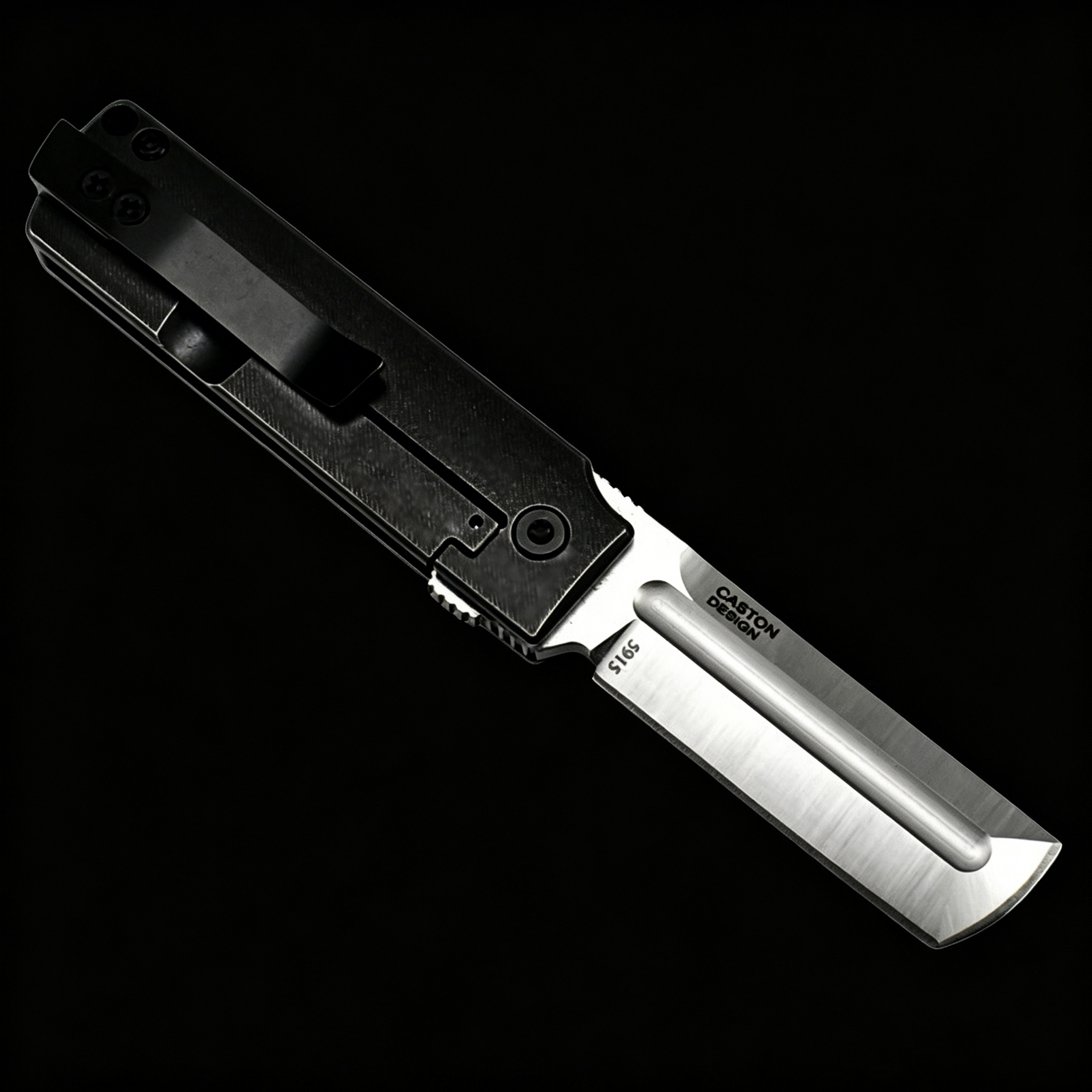 A CRKT folding knife with a black handle and a silver tanto blade, displayed on a solid dark background.