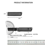 Product specification chart for a CRKT folding knife, showing dimensions including a closed length of 8cm, open length of 13.6cm, blade length of 5.6cm, blade material 8Cr13Mov, and handle material 420 steel, along with a ruler and protractor on a white background.