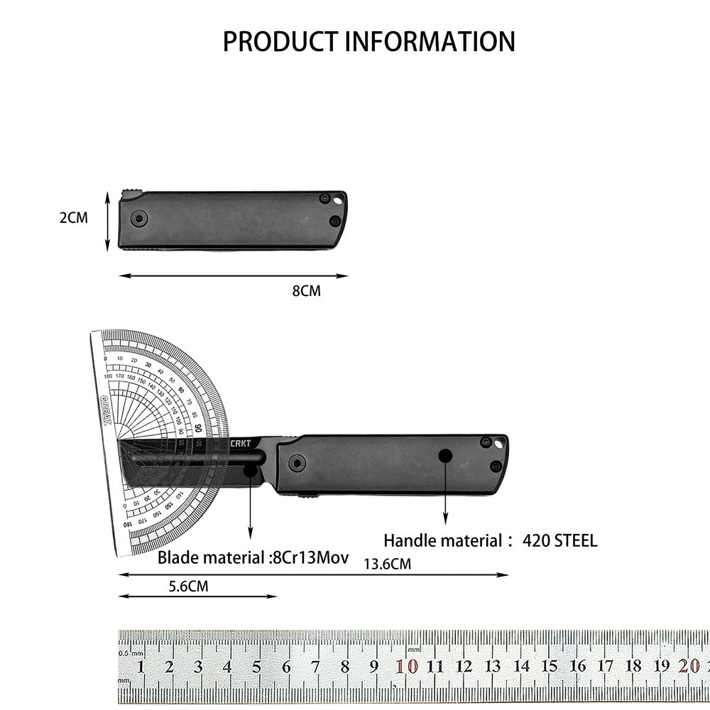 Product specification chart for a CRKT folding knife, showing dimensions including a closed length of 8cm, open length of 13.6cm, blade length of 5.6cm, blade material 8Cr13Mov, and handle material 420 steel, along with a ruler and protractor on a white background.