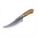 An open fixed blade knife with a curved feather-patterned silver blade, a decorative ridged brass bolster, and a polished wooden handle, displayed on a white background.