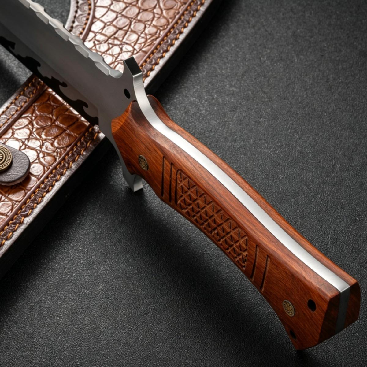 A side profile view of a custom fixed blade knife, highlighting the carved wooden handle, silver blade with black flame patterns, and the brown leather sheath.