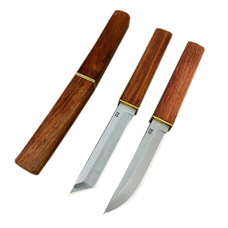 A wooden sheath and two D2 steel fixed blade knives with wooden handles and brass accents, displayed on a white background.
