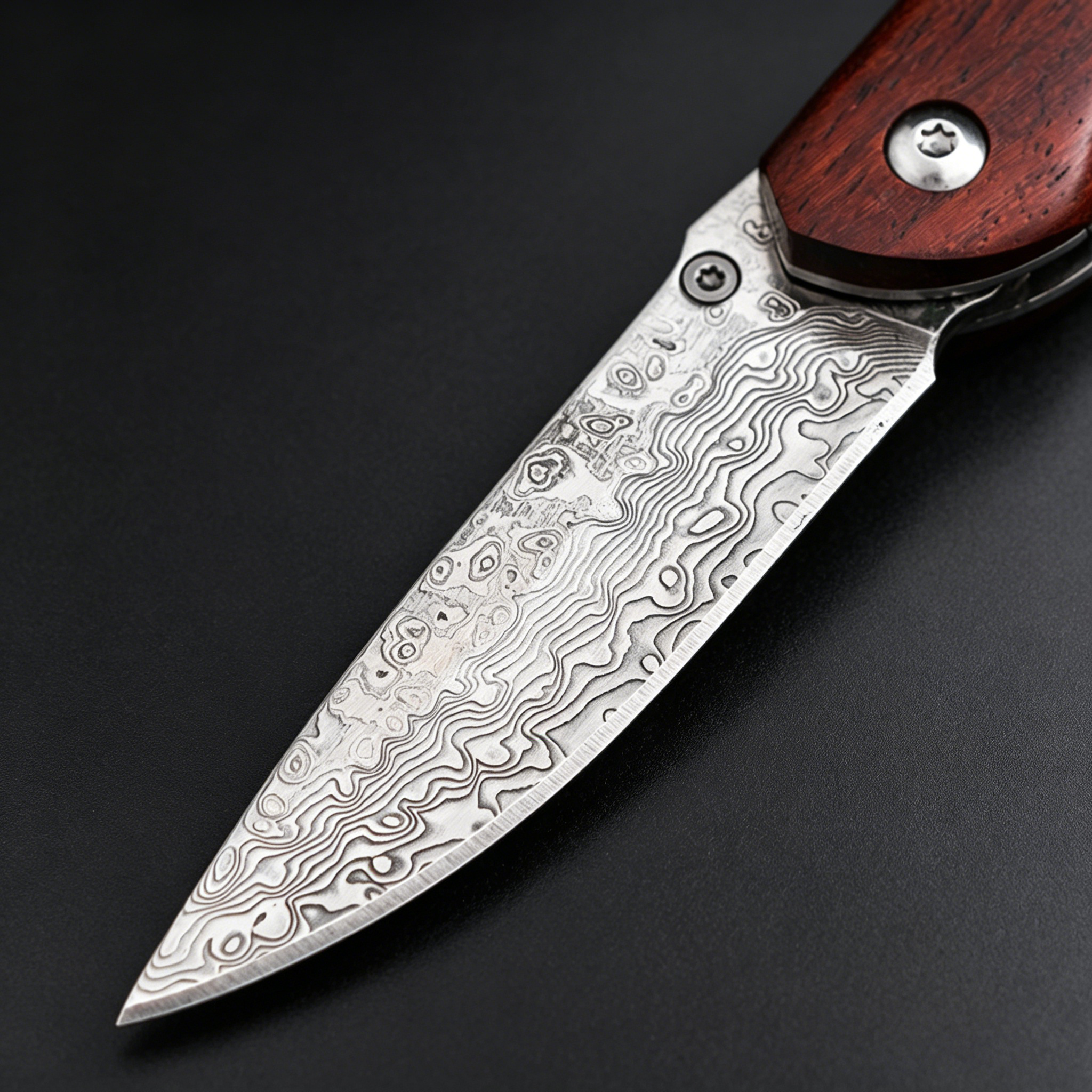 A close-up of a folding knife featuring a patterned damascus steel blade, a polished red wooden handle, and silver hardware, displayed on a dark surface.