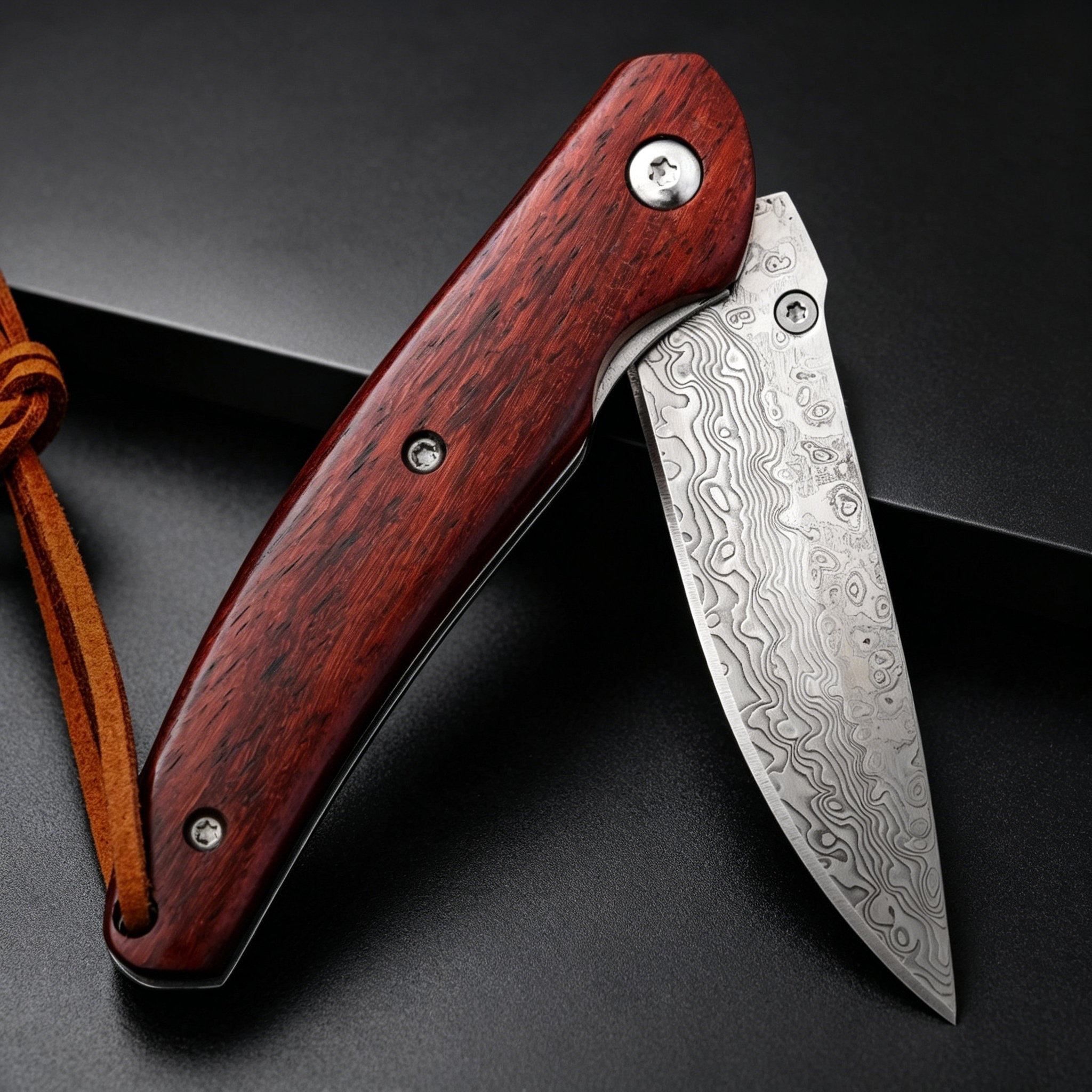 An open folding knife with a patterned Damascus steel blade and a polished red wooden handle, featuring a brown leather lanyard at the end, displayed on a dark textured background.