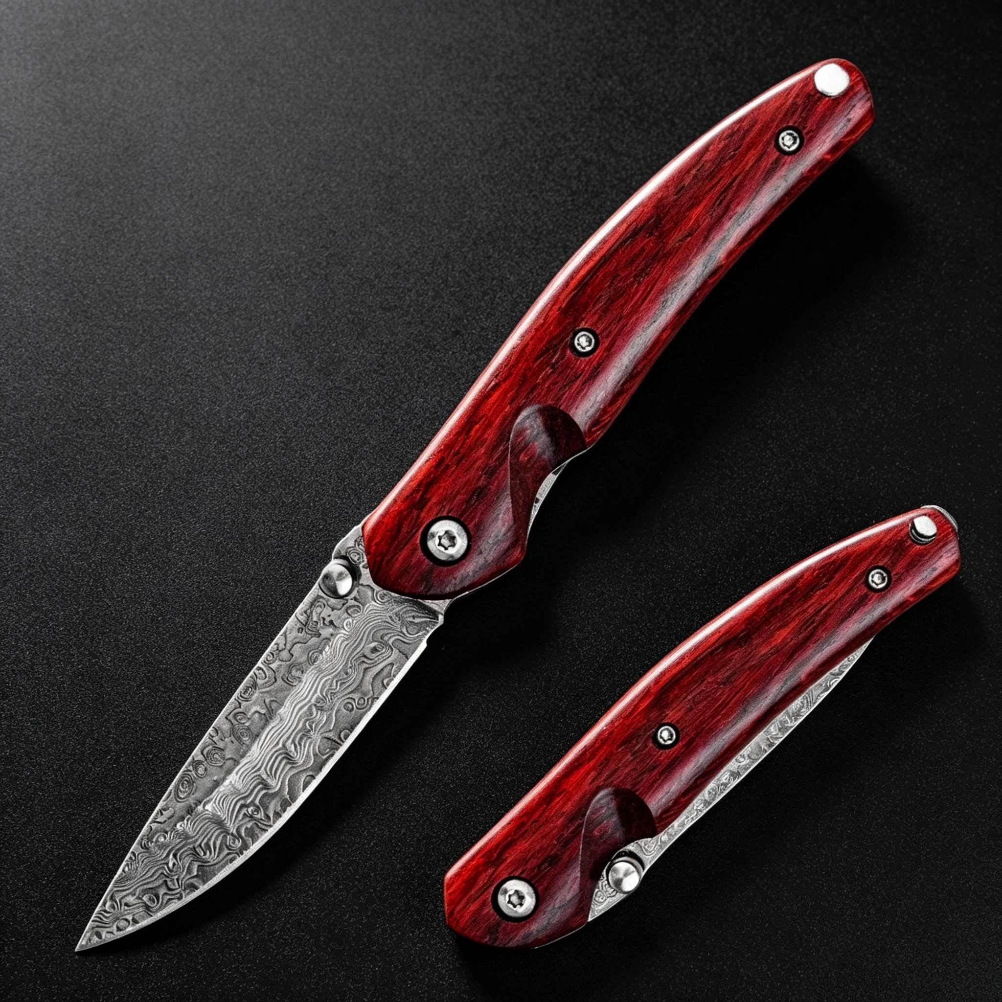 An open and a closed folding knife featuring a patterned damascus steel blade and polished red wooden handles, displayed on a dark textured surface.