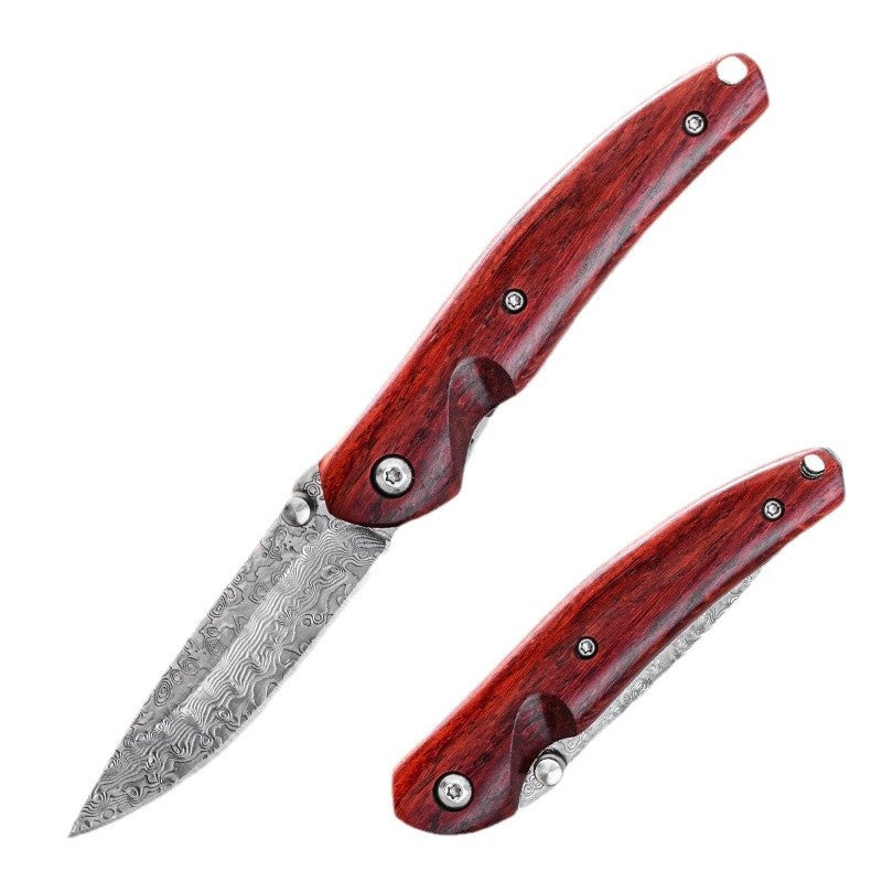 An open and a closed folding knife featuring patterned damascus steel blades and polished red wooden handles with silver hardware, displayed on a white background.