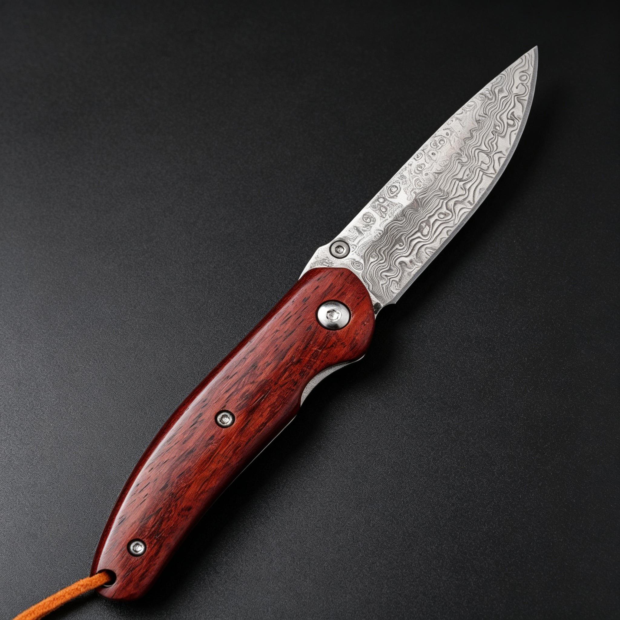 An open folding knife featuring a patterned damascus steel blade and a polished red wooden handle, equipped with a brown lanyard and silver screws, displayed on a dark textured surface.