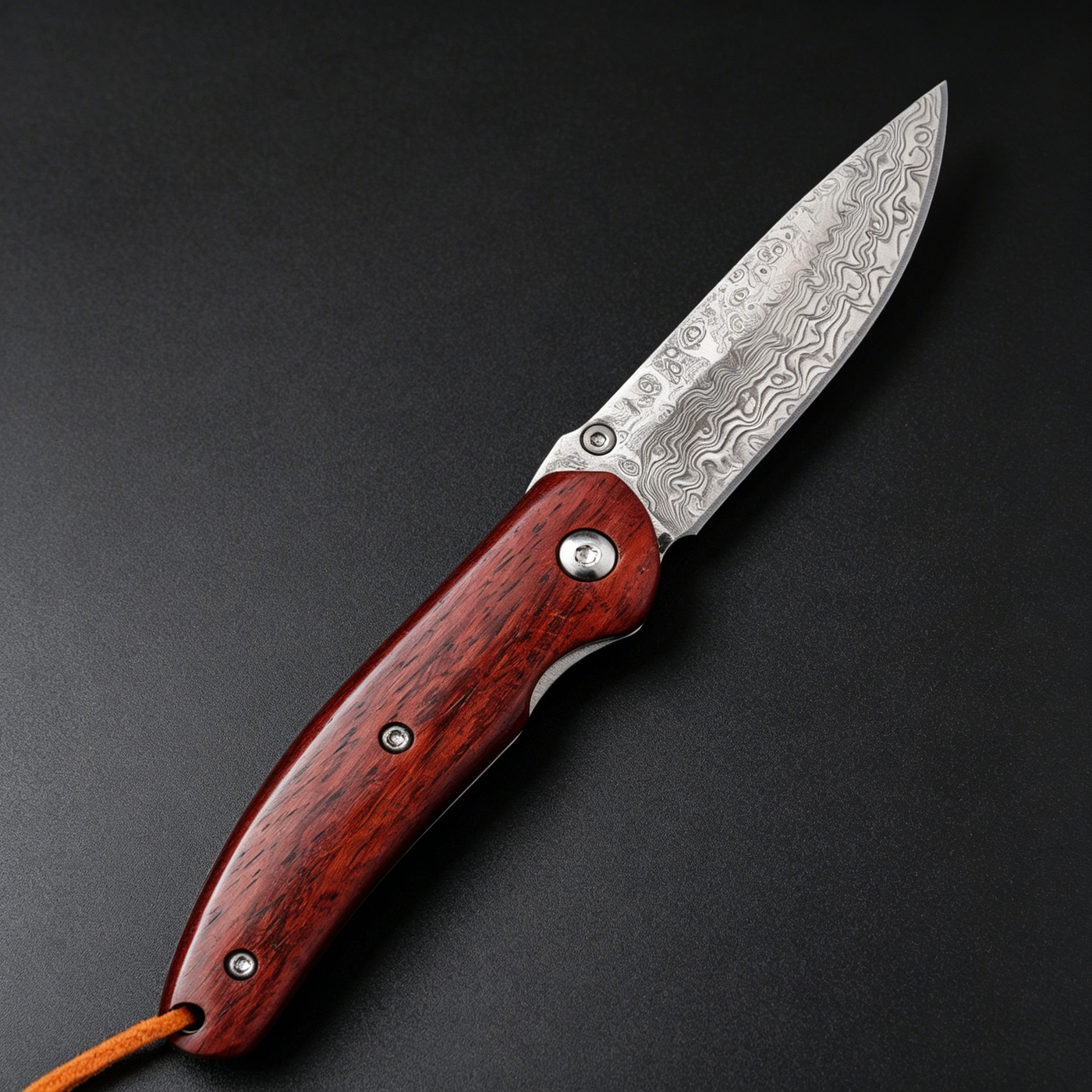 An open folding knife with a patterned damascus steel blade and a polished red wooden handle, featuring a brown lanyard at the end, displayed on a dark textured surface.