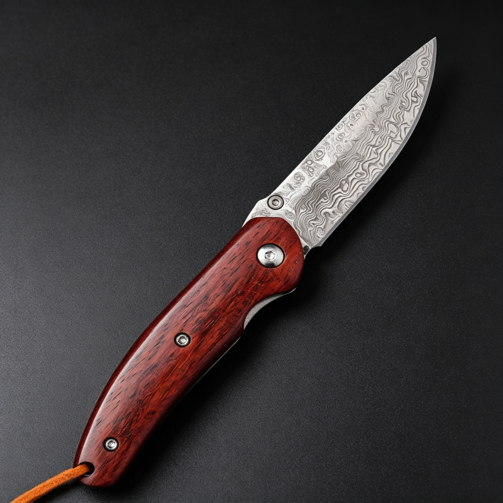An open folding knife with a patterned damascus steel blade and a polished red wooden handle, featuring a brown lanyard at the end, displayed on a dark textured surface.