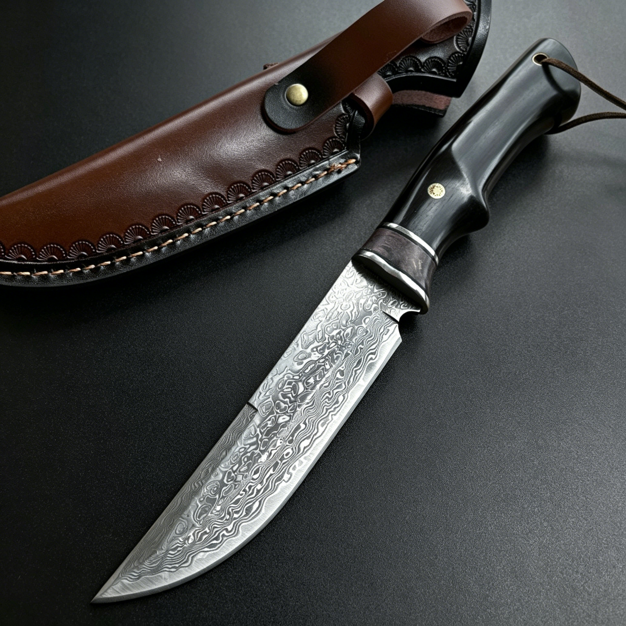 Handmade Damascus steel hunting knife with black wood handle and brass guard, paired with a hand-carved brown leather sheath featuring a distinctive turquoise button, designed for outdoor use or as a collector's gift.