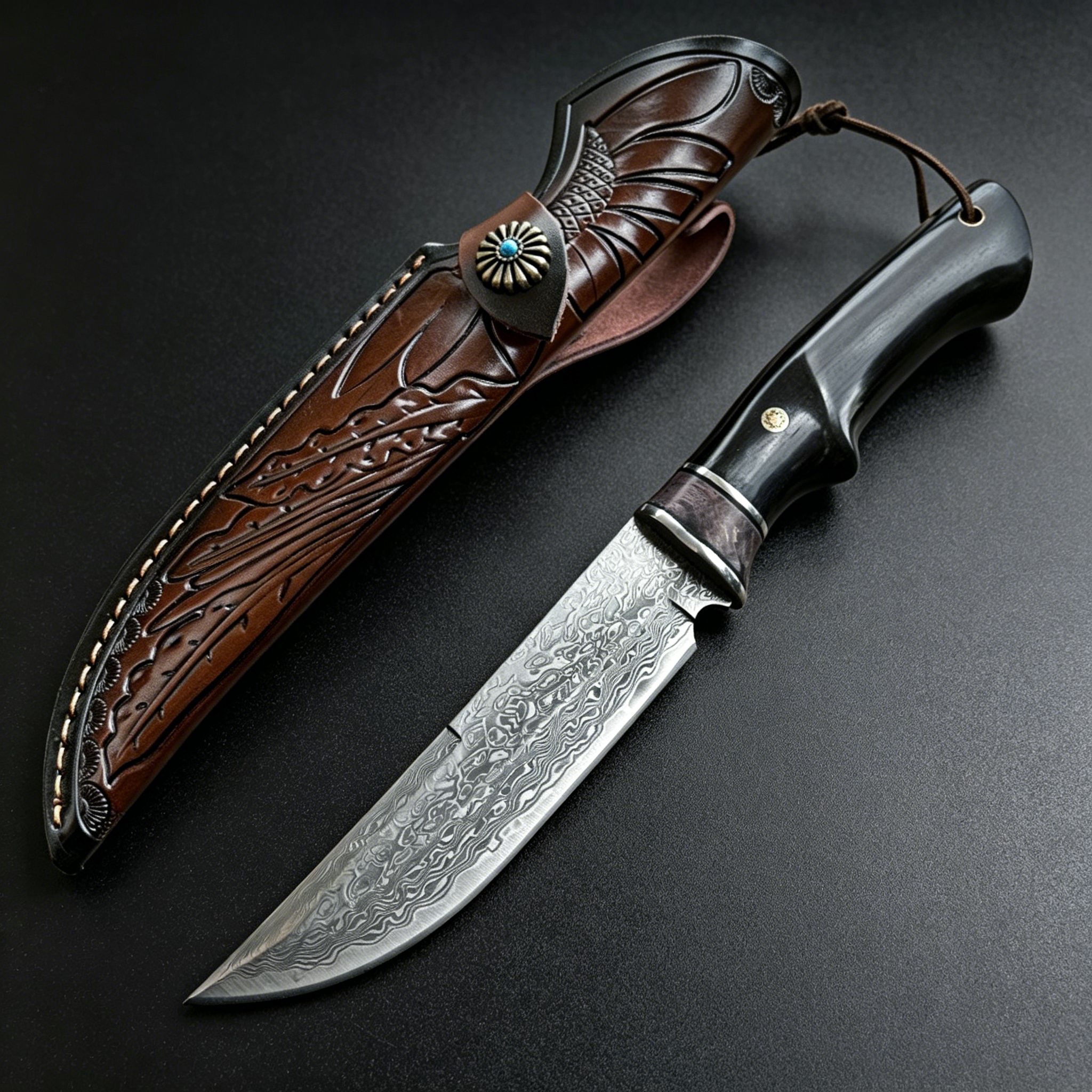 Handmade Damascus steel hunting knife with black wood handle and brass guard, paired with a hand-carved brown leather sheath featuring a distinctive turquoise button, designed for outdoor use or as a collector's gift.