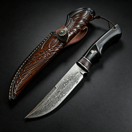Handmade Damascus steel hunting knife with black wood handle and brass guard, paired with a hand-carved brown leather sheath featuring a distinctive turquoise button, designed for outdoor use or as a collector's gift.