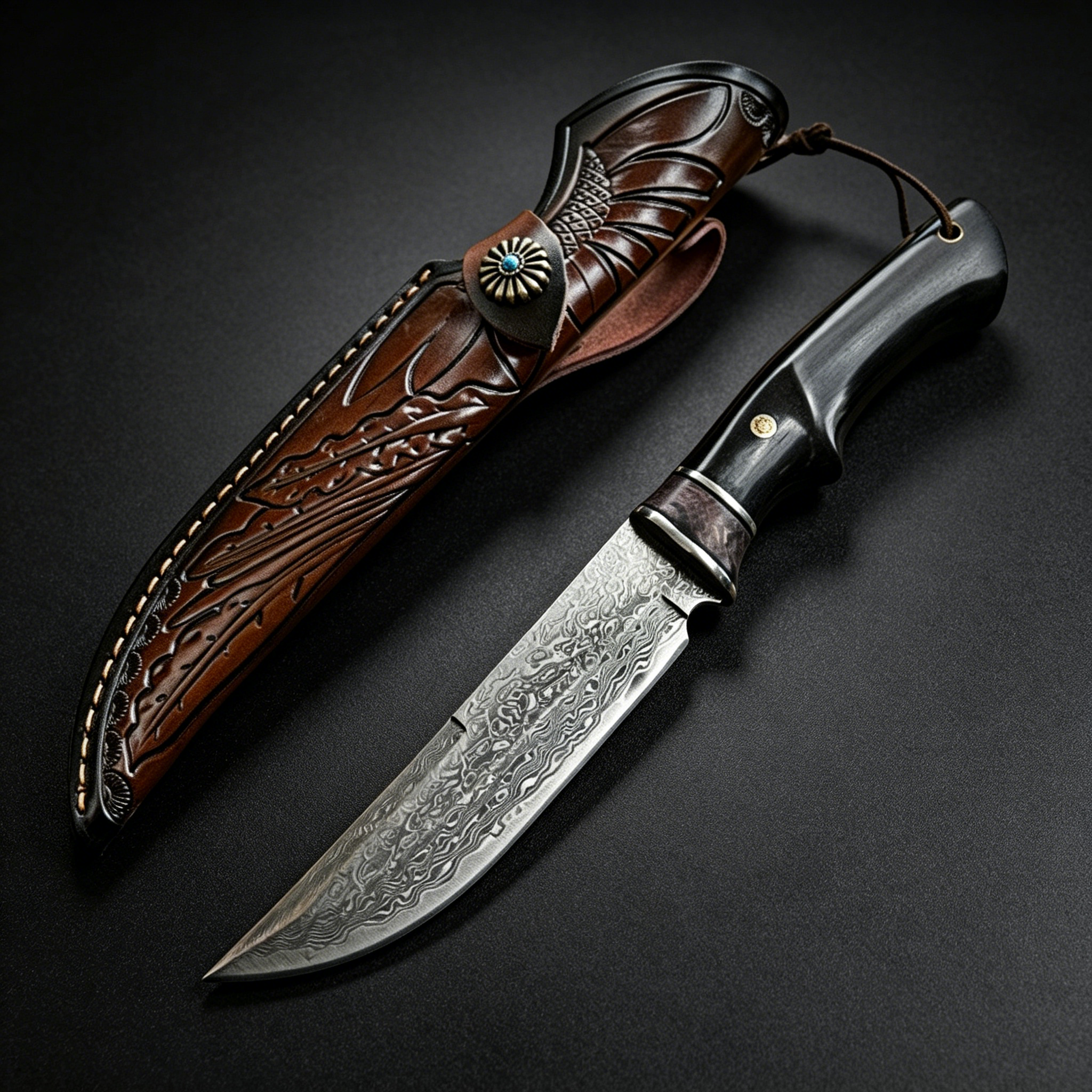 Handmade Damascus steel hunting knife with black wood handle and brass guard, paired with a hand-carved brown leather sheath featuring a distinctive turquoise button, designed for outdoor use or as a collector's gift.