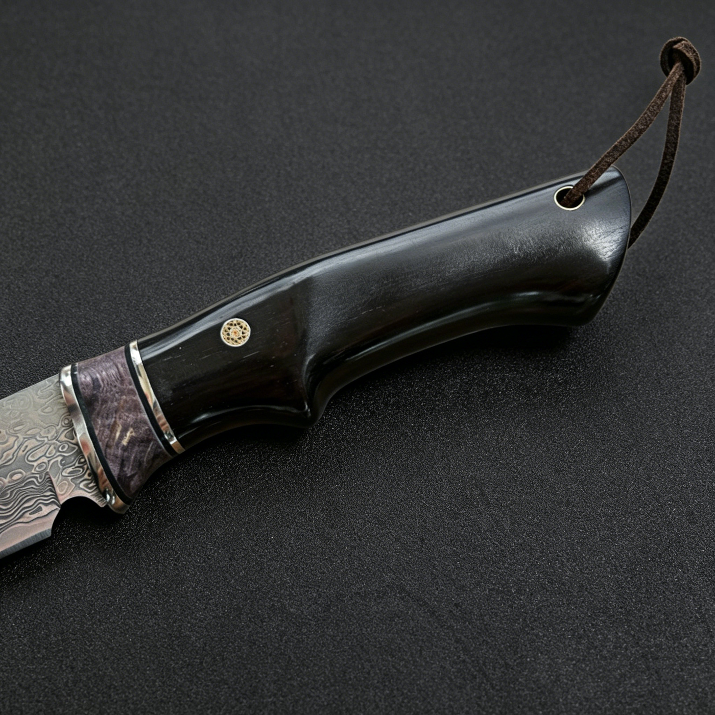 Blackwood Handle Damascus Fixed Blade Knife – Featuring a smooth handle with brass rivets, natural wood grain, and ergonomic design for comfortable grip.