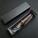 Exquisite Damascus Fixed Blade Knife Set – Comes with a genuine leather sheath, black gift box, and carrying pouch. A premium gift for outdoor adventures and collectors.