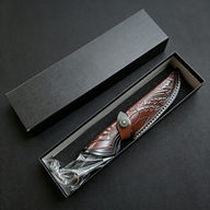 Exquisite Damascus Fixed Blade Knife Set – Comes with a genuine leather sheath, black gift box, and carrying pouch. A premium gift for outdoor adventures and collectors.