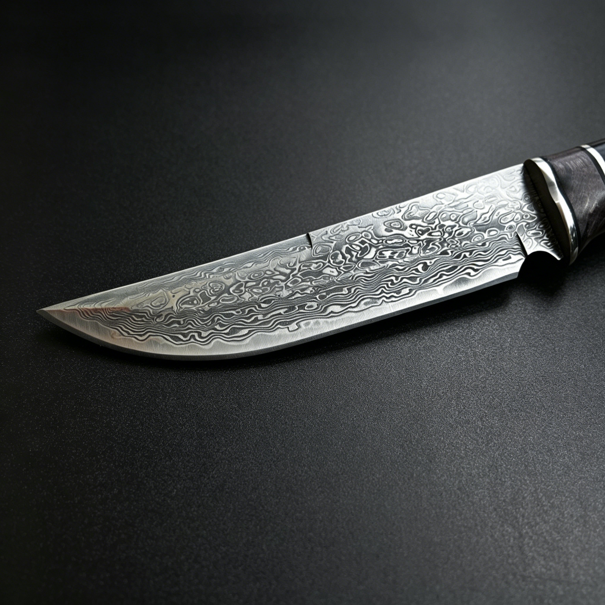 Close-up of Damascus Steel Blade – Showcasing the unique folded forging patterns (water or cloud patterns) and razor-sharp edge.