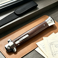 A closed stiletto knife with a dark wood handle and silver bolster, displayed on a leather notebook next to a black nylon sheath and technical sketches.