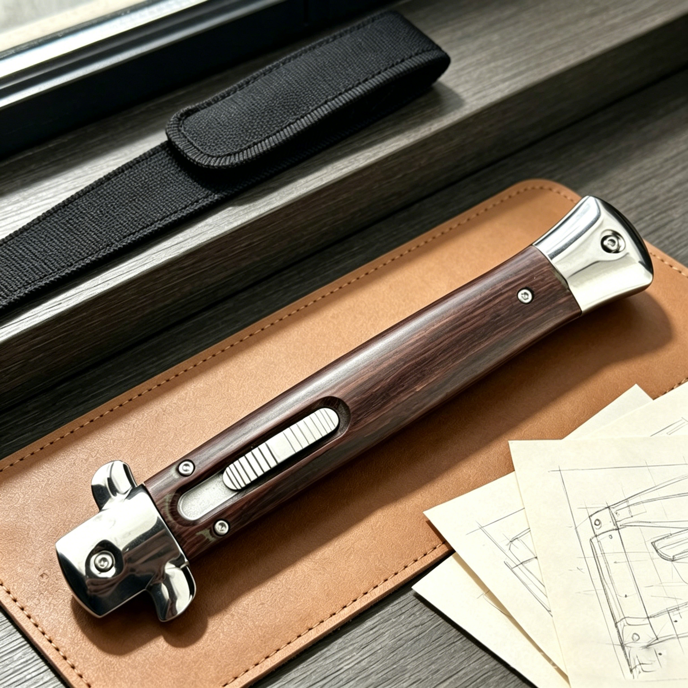 A closed stiletto knife with a dark wood handle and silver bolster, displayed on a leather notebook next to a black nylon sheath and technical sketches.