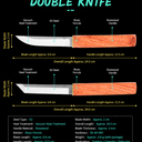 A product specifications chart for a Double Knife set featuring two fixed blade knives with D2 steel blades, rosewood handles, and brass ferrules. The infographic displays dimensions including an overall length of approx. 24.5cm, a blade length of approx. 9.8cm, and a handle length of approx. 12.5cm. A bottom box lists additional specifications such as vacuum heat treatment, 58–60 HRC hardness, an approx. 135g weight, and applications for outdoor, camping, and daily use.