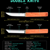 A product specifications chart for a Double Knife set featuring two fixed blade knives with D2 steel blades, rosewood handles, and brass ferrules. The infographic displays dimensions including an overall length of approx. 24.5cm, a blade length of approx. 9.8cm, and a handle length of approx. 12.5cm. A bottom box lists additional specifications such as vacuum heat treatment, 58–60 HRC hardness, an approx. 135g weight, and applications for outdoor, camping, and daily use.