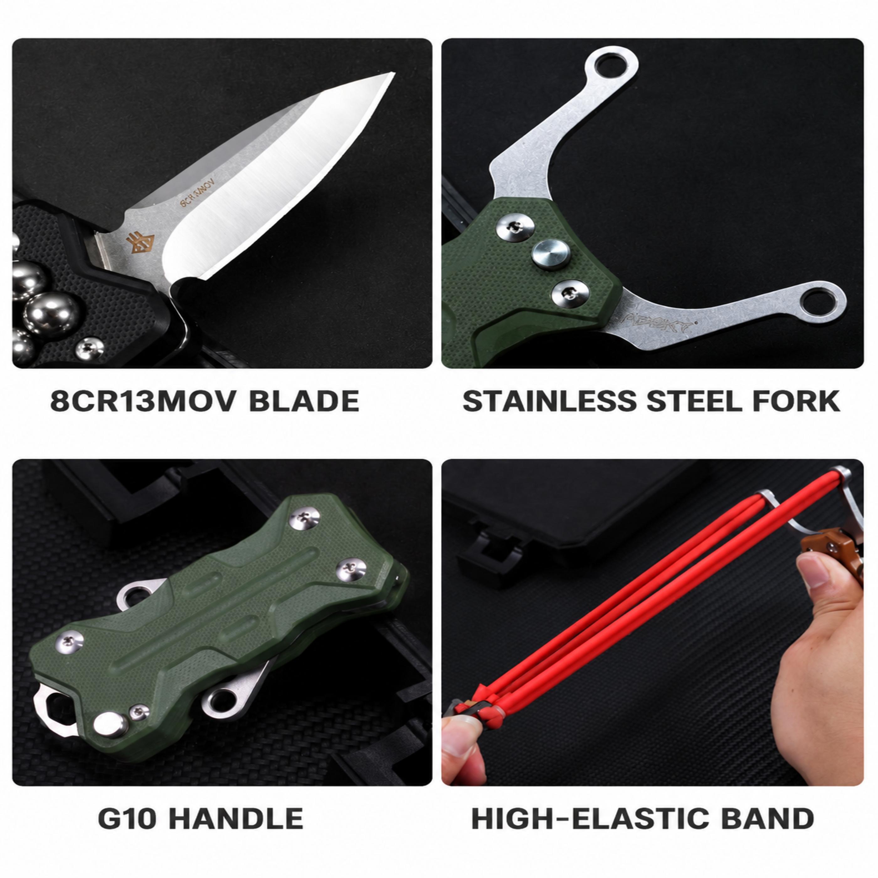A product feature collage for an EDC multi-tool slingshot highlighting the 8Cr13MoV steel blade, stainless steel fork, G10 handle, and high-elastic band.