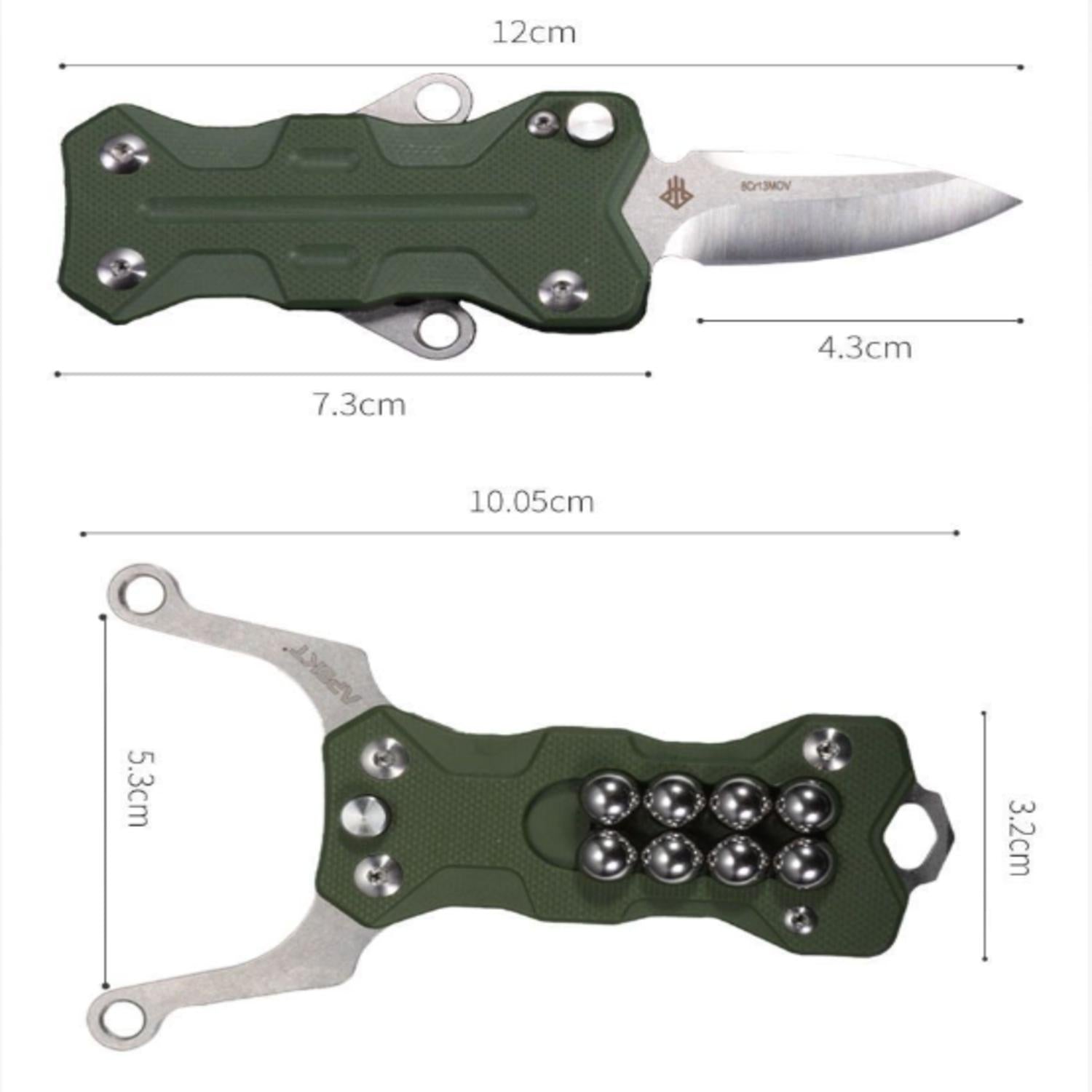 A size specification chart for a folding EDC slingshot knife, showing a total length of 12cm when open and 10.05cm in slingshot mode, with a 4.3cm blade.